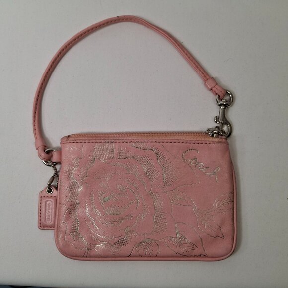 Coach Handbags - COACH Coral Pink Floral Wristlet Pouch Wallet Silvertone Hardware 6.25 x 4.25 in